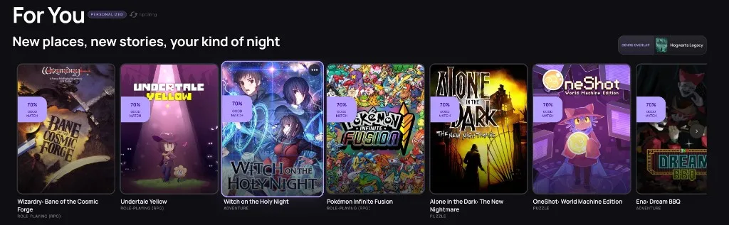 warmUP personalized game discovery feed showing recommended titles from your library