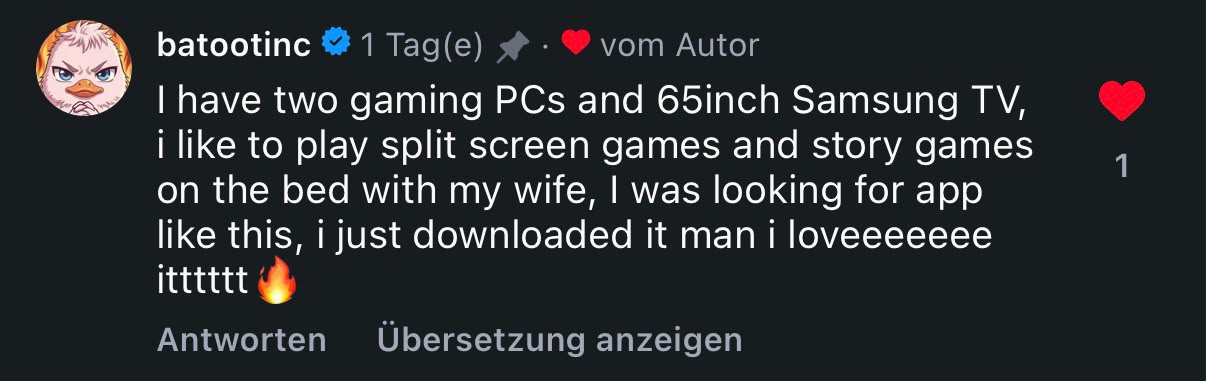 Instagram comment from batootinc: they downloaded warmUP for split-screen and story games on a 65-inch TV and love it.